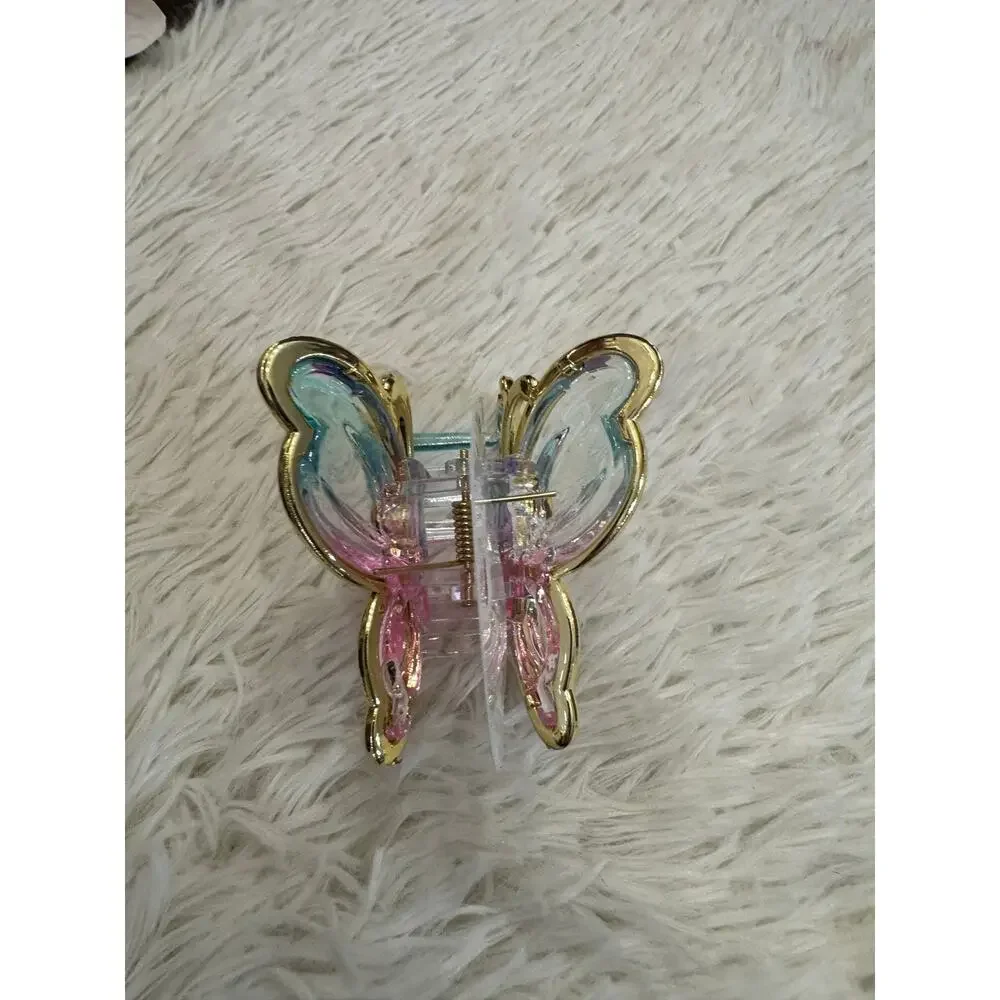 Large Pink and blue clear butterfly hair clip claw with gold trim